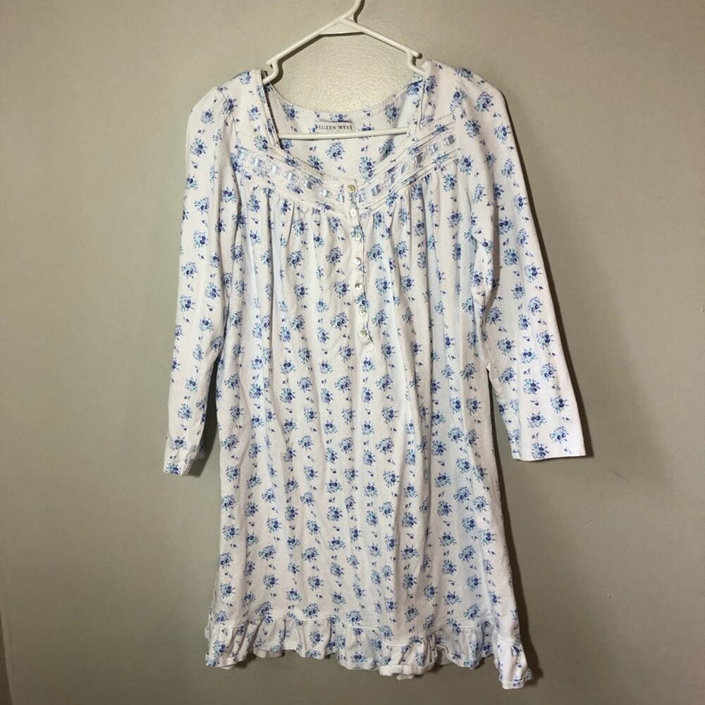 Eileen West womens cotton nightgown S white dainty blue flowers tradwife granny